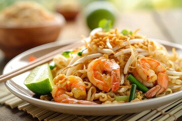 Exotic Thai Dish, Shrimp Pad Thai on Traditional Plate