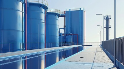 Naklejka premium A walkway leads to a row of large blue industrial tanks, with a clear sky above.