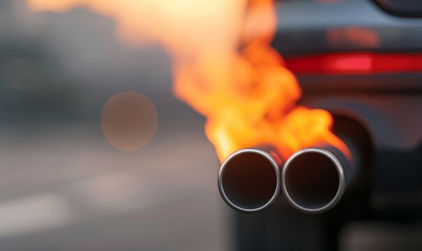 close-up of car exhaust pipes emitting smoke and flames, pollution, environmental damage, global warming, climate change, air quality, industrial emis