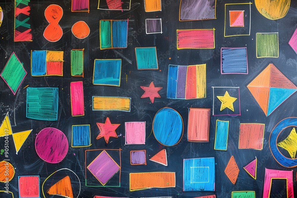 Poster a blackboard is creatively decorated with vibrant geometric shapes and patterns using colorful chalk