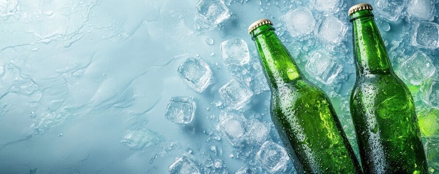 Top view of two green beer bottles surrounded by ice cubes on a light blue background, highlighting cool refreshment and summer vibes.