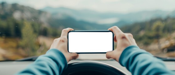 hands holding smartphone with blank screen mockup - car dashboard, blurred scenic background, modern technology, mobile application, user interface, t