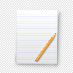 Vector stack of white lined paper sheet. Realistic notebook pages with lines. Clean ruled school notebook pages with shadow and pencil on transparent background.