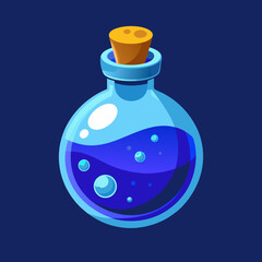 A glass potion bottle with a blue colored stopper 