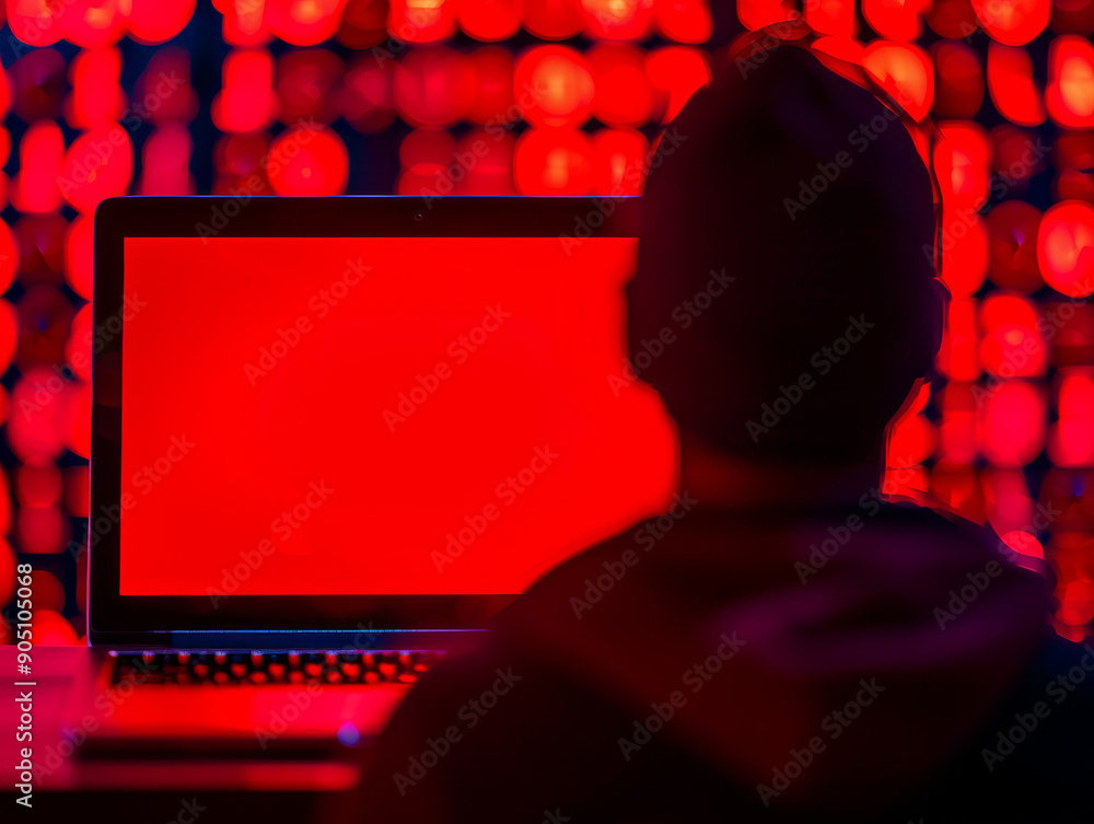 Poster silhouette of a person working on a laptop computer with a red screen and bokeh background - concept