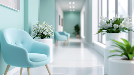 Fototapeta premium Modern hallway with light blue chairs and vibrant greenery, providing a calming atmosphere for relaxation and comfort.