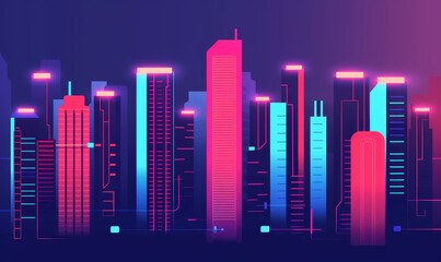 Fototapeta premium futuristic cyberpunk cityscape with neon lights, high-tech skyscrapers, and glowing digital network in vibrant blue and pink hues.