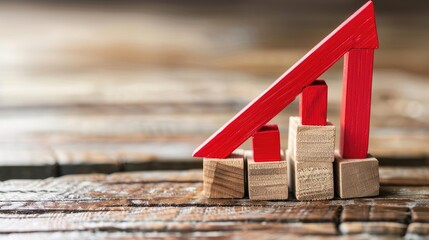 Financial implications of downward pointing red arrow on wooden blocks symbolizing reduction in investment and increased risks including recession and carbon emission concerns