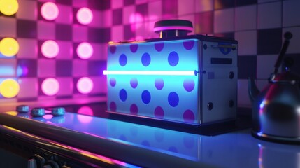 158. Portable Stove, movie style, neon colors, polka dots, over-the-shoulder, high contrast, glowing light,