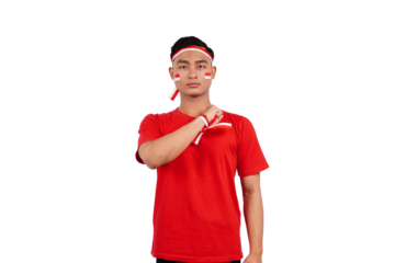 An Indonesian man giving salute to celebrate Indonesia's independence day on 17 August isolated transparent