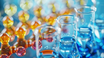 Close-up of beakers filled with colorful liquids against a bokeh background. Science, research, and experimentation concept.