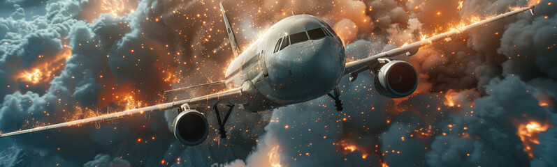 A dramatic scene of an airplane engulfed in flames during an explosion, with dark clouds and intense fire effects.