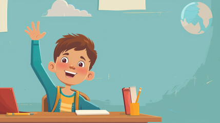 A cheerful boy smiles and raises his hand while sitting at his desk in a vibrant classroom