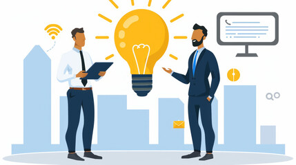 Two professionals share innovative ideas with a light bulb above them in a bustling urban environment