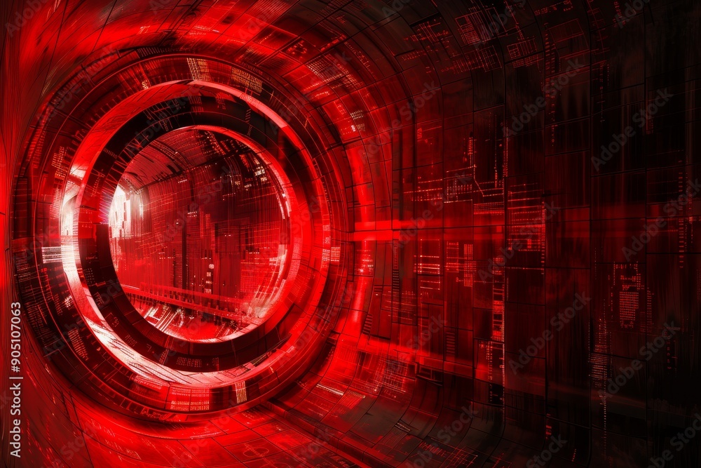 Poster red cyber tunnel with dynamic lighting effects, ideal for visualizations of speed and digital data t