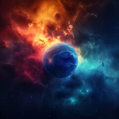 Colorful Cosmic Background with a Central Blue Planet, Symbolizing the Wonders of Space Exploration and Celestial Beauty