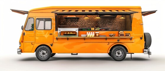 Orange food truck with a retro design serving gourmet meals on the go, featuring a well-equipped kitchen and open service window.
