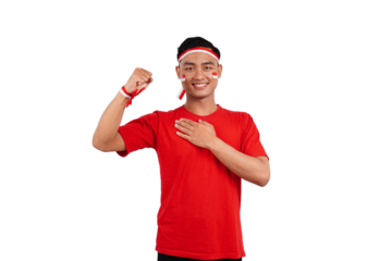 An Indonesian man giving salute to celebrate Indonesia's independence day on 17 August isolated transparent