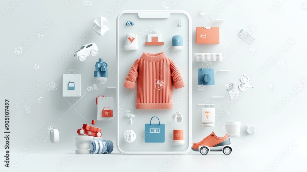 Poster modern shopping app ui with detailed product listings - 3d rendered e-commerce experience, generativ