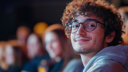 Close-up portrait of a happy male student with curly hair and glasses sitting in the audience at a sports game, with blurred people behind him. 