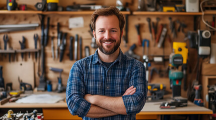 A portrait of an attractive man in his mid-30s, with brown hair and beard wearing a blue plaid shirt standing smiling at the camera in front of a workbench full of tools. 