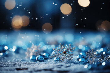 Obraz premium Delicate snowflakes fall gracefully on a blue surface adorned with shiny ornaments