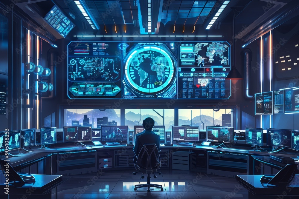 Poster a man is seated at a computer in a modern, futuristic office, surrounded by advanced technology, ill