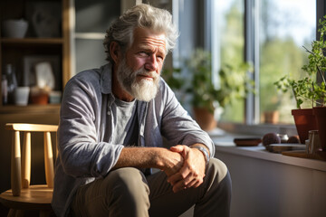 An older man reflects quietly by a sunlit window filled with greenery