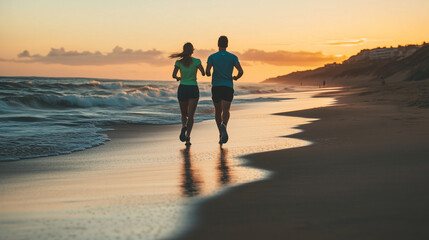 A man and woman running along the beach, on their way to the sea in bright with sneakers, a sporty look. The photo was taken from behind at sunset. There is sand next to them and w