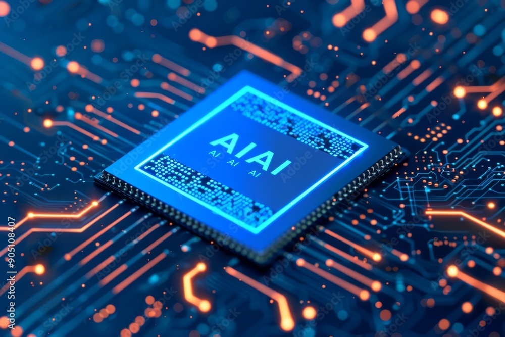 Poster blue cyber chip with ai label, representing the integration of artificial intelligence in modern tec