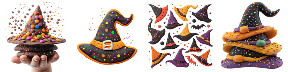 A hand holding a chocolate hat with a black and orange brim