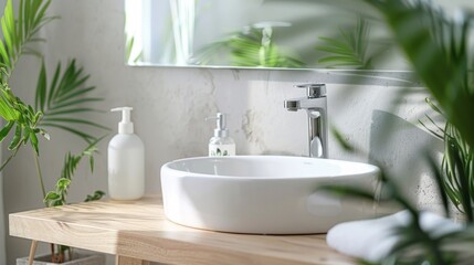 Fototapeta premium Modern bathroom sink with plants and minimalist decor