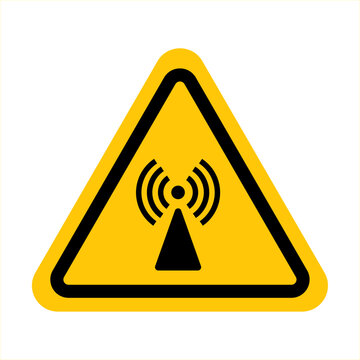 Warning radio frequency hazards symbols on yellow triangle board. Non-ionizing radiation hazard sign. Radio frequency fields sign.  Attention. Danger zone. Vector illustration EPS 10.
