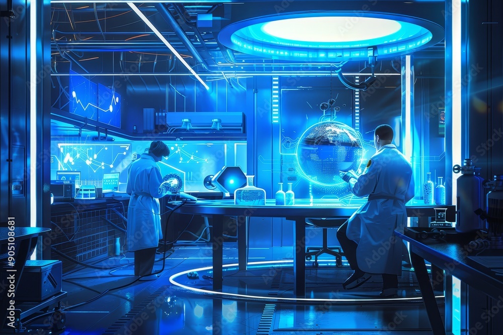 Poster two individuals in lab coats engaged in research on a computer in a futuristic laboratory setting, i
