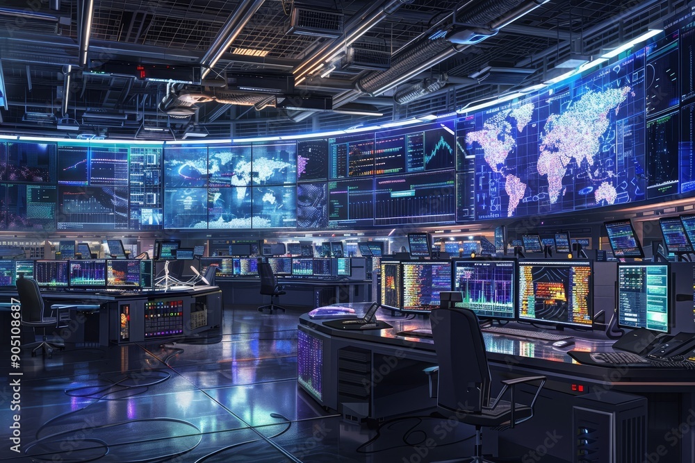 Poster a futuristic control room filled with multiple monitors for monitoring and managing cyber security s