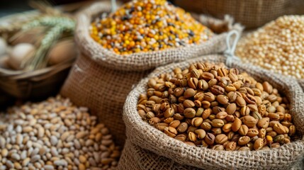 Obraz premium Burlap sacks filled with assorted grains and legumes
