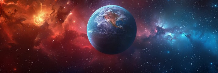 Naklejka premium Colorful Cosmic Background with a Central Blue Planet, Symbolizing the Wonders of Space Exploration and Celestial Beauty