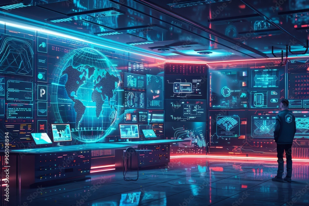 Poster a man stands in a futuristic computer room filled with advanced technology, illustrate a futuristic 