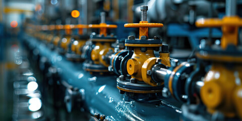 Fototapeta premium A close-up of industrial valves in a modern manufacturing facility, highlighting precision engineering and industrial equipment.