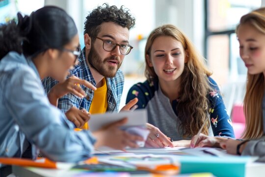 A group of young people sitting around a table, discussing and planning lesson activities, Illustrate a group of teachers collaborating on lesson plans and curriculum development