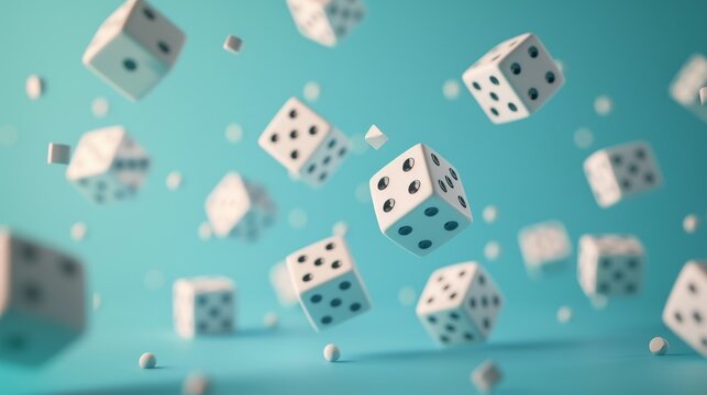 White dice falling on a light blue background.