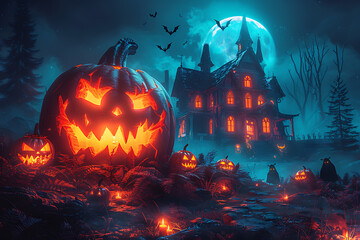 A Halloween-themed design featuring spooky elements such as ghosts, bats, and a haunted house. Perfect for promotional materials, party invitations, or social media posts.
