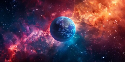 Obraz premium Colorful Cosmic Background with a Central Blue Planet, Symbolizing the Wonders of Space Exploration and Celestial Beauty