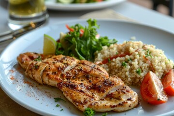 Cooked grilled chicken served with rice and assorted vegetables on a white plate, Illustrate a plate of grilled chicken and quinoa