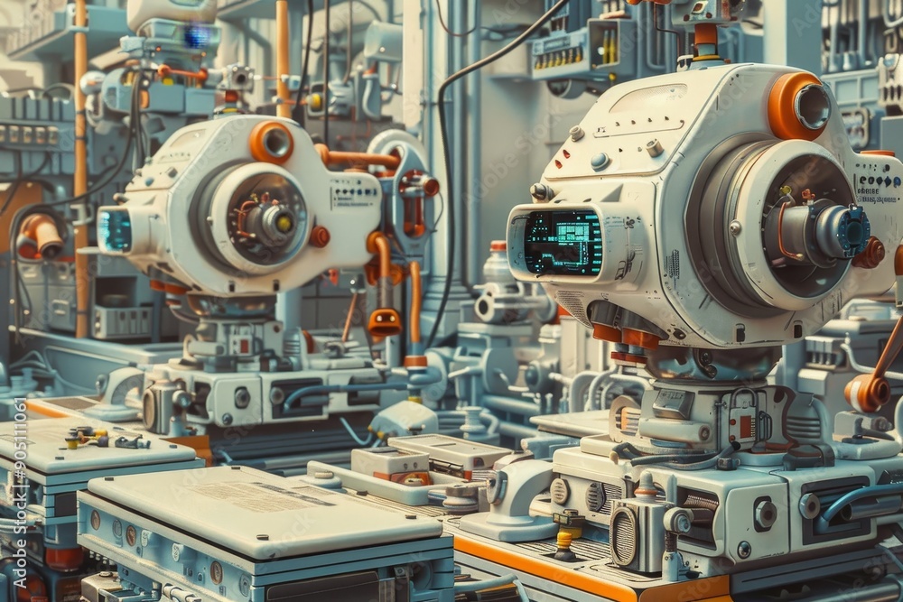 Aufkleber a factory filled with numerous machines, working diligently to manufacture goods efficiently, illust