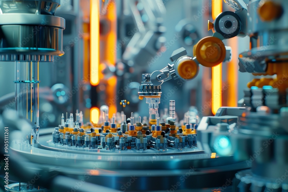 Poster robots are diligently working on a machine in a futuristic factory setting, illustrate a scene where
