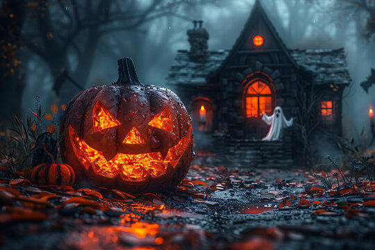 A Halloween-themed mockup featuring spooky elements such as jack-o'-lanterns, ghosts, bats, and a haunted house. Perfect for promotional materials, party invitations, or social media posts.
