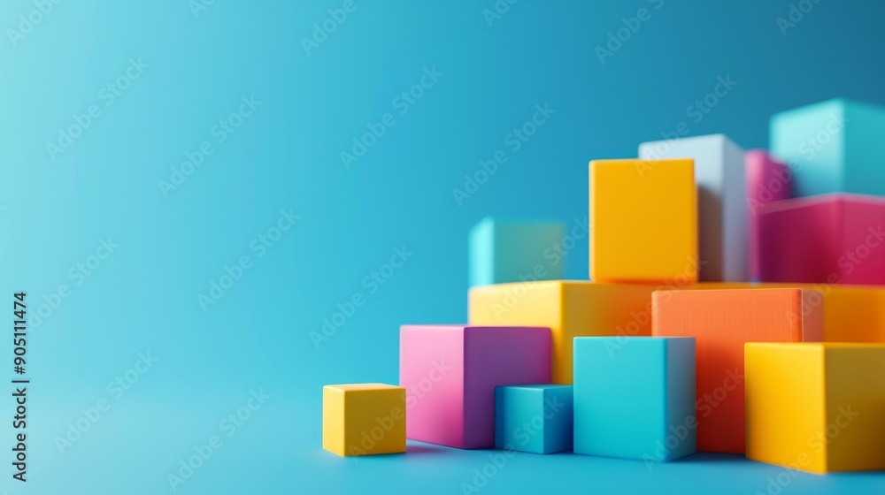 Poster abstract colorful blocks arranged in a diagonal line against a blue background. minimalist geometric