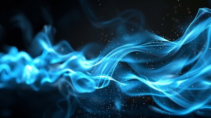 Abstract blue glowing smoke with sparkling particles on a black background.