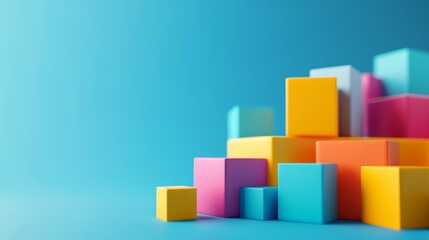 Abstract colorful blocks arranged in a diagonal line against a blue background.  Minimalist geometric design.  Great for modern design and business.